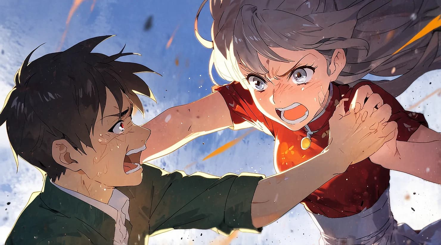 Ilustración anime IA: mujer atacando a hombre joven
