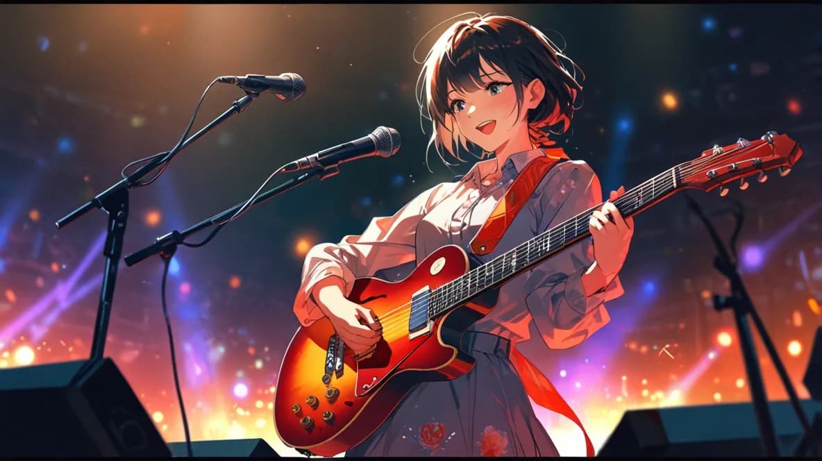 ギターを持って歌う女性