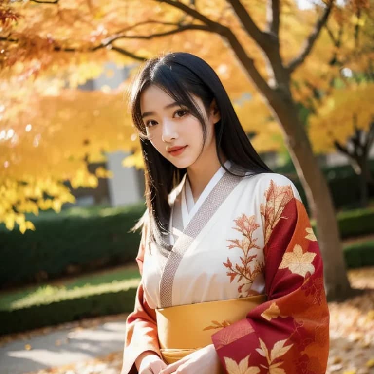 秋、紅葉の中の着物の女性