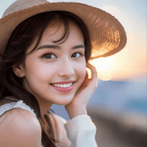 夕日に微笑む女性
