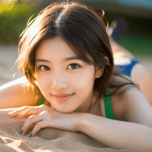 砂浜で寝転ぶ美女