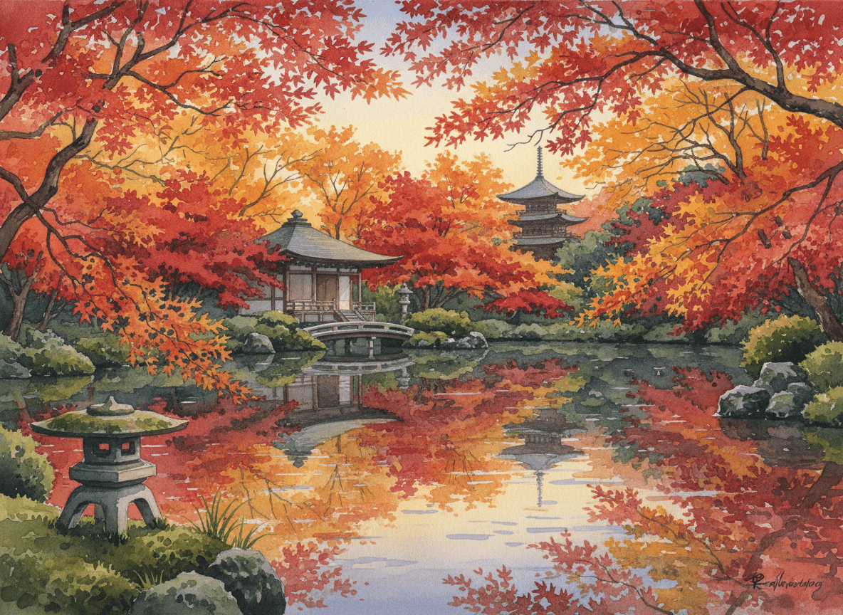 秋の池に映る紅葉・京都風水彩画【無料壁紙】