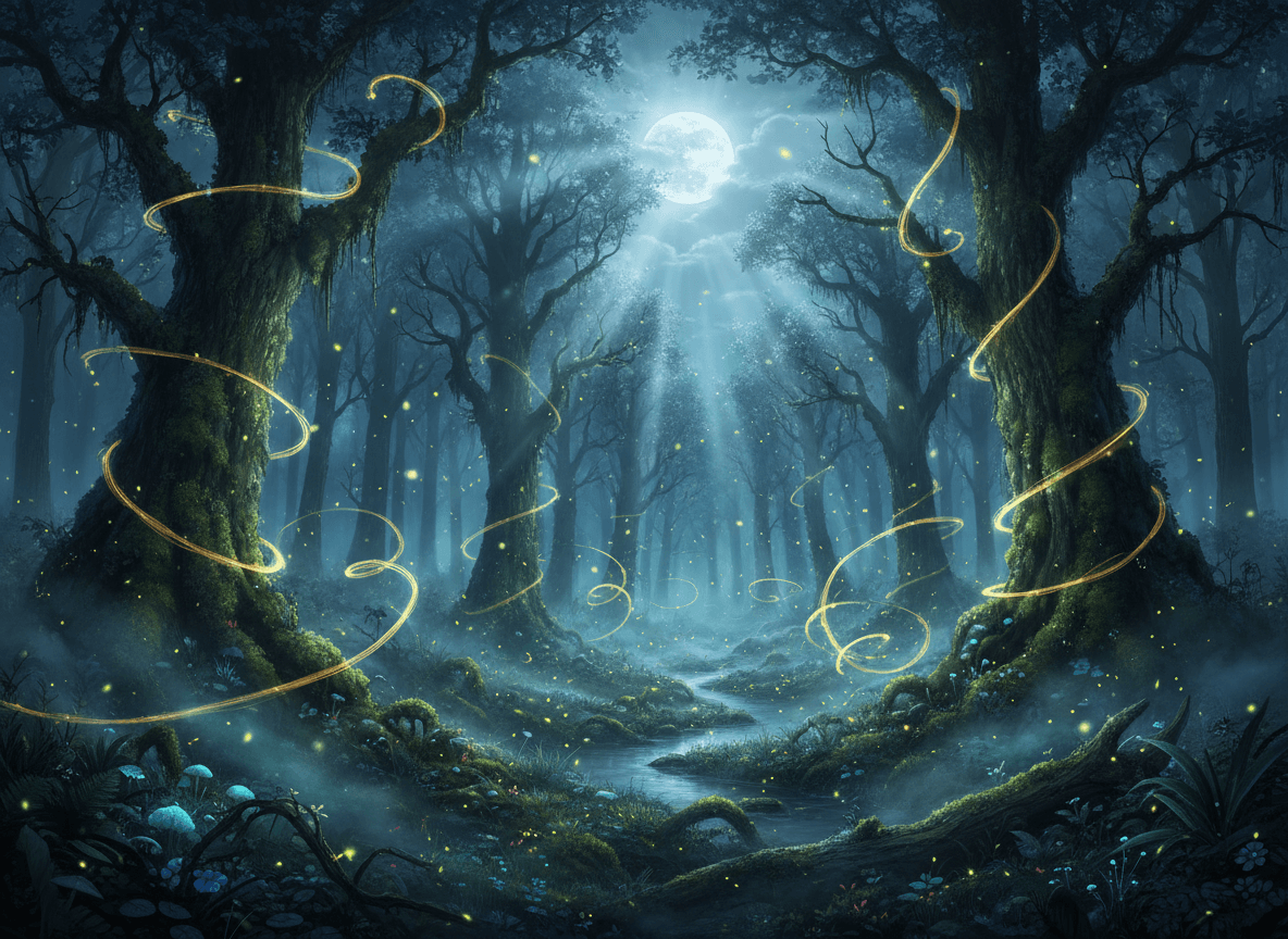 幻想的な森の夜：蛍が舞う光景