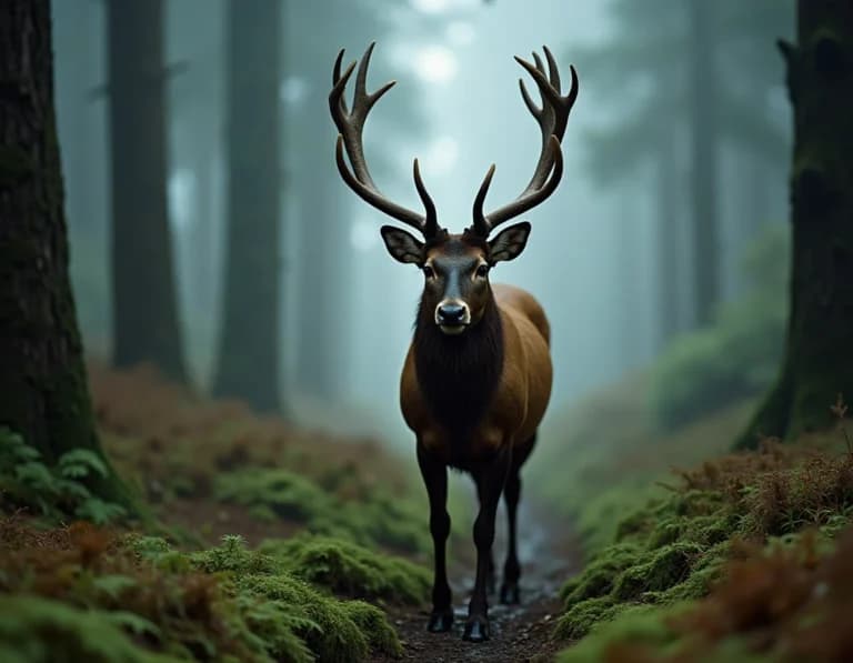朝霧の牡鹿AIプロンプト作例｜中判フィルム風野生動物写真