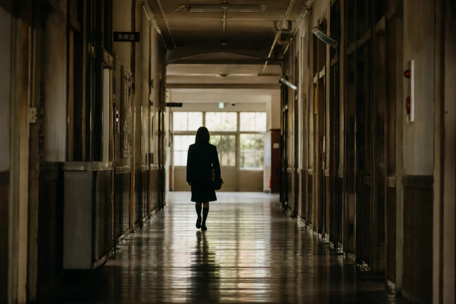 孤独走廊后背剪影｜电影感学校廊道 AI 生成提示词示例