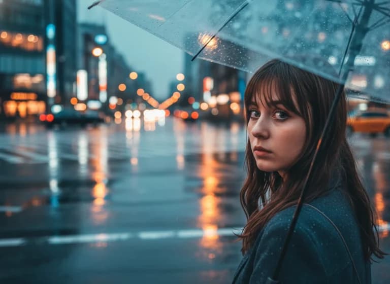 雨上がりの街で振り返る瞳｜シネマティック風AI生成作例プロンプト