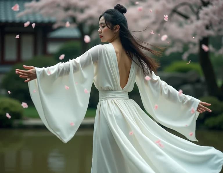 桜舞う日本庭園で舞う天女のAI画像プロンプト｜羽衣の雅な所作
