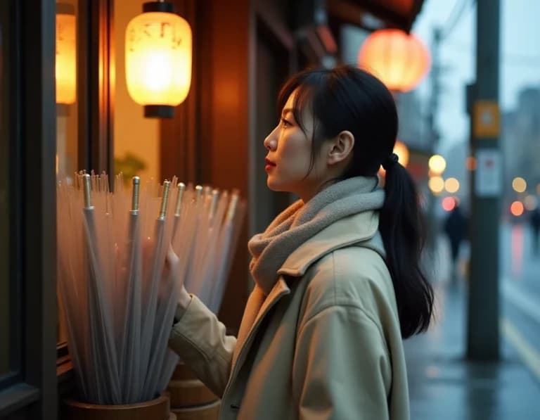 雨の傘屋で傘を選ぶ女性のAI画像プロンプト作例