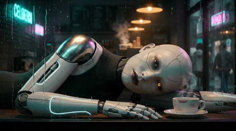 サイボーグ女性がカフェの窓辺に横たわるAI画像プロンプト