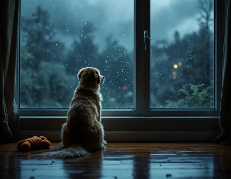 雷雨の窓辺で外を見るゴールデンレトリバーのAI画像プロンプト作例