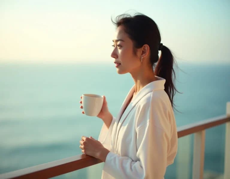 ホテルバルコニーで朝日を浴びるローブ姿の女性AI画像プロンプト作例