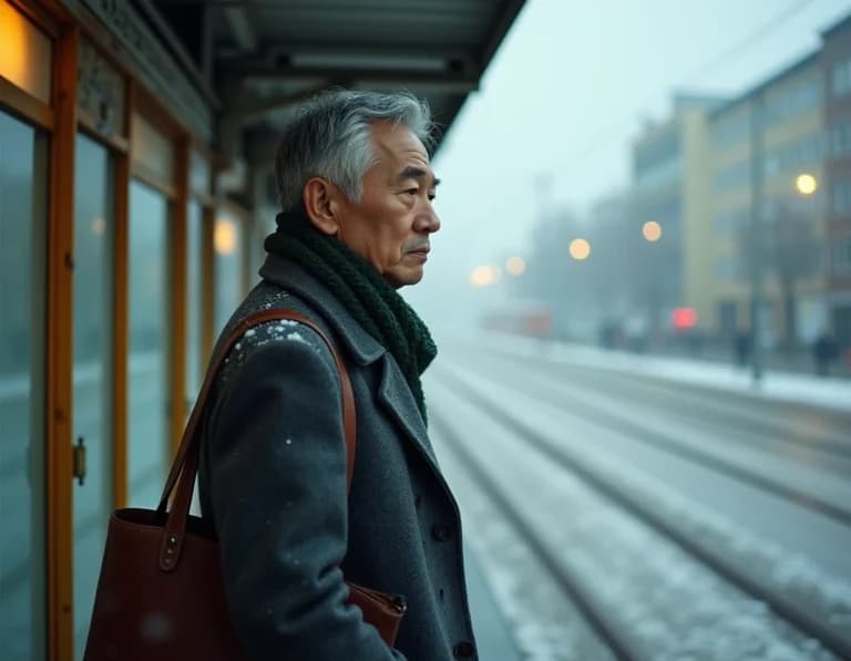 雪の朝に路面電車を待つ会社員のAI画像プロンプト作例