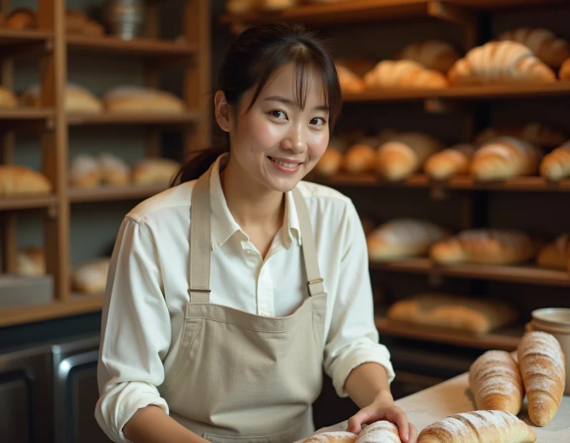 パン屋のカウンターで接客するエプロン姿の店員AI画像プロンプト作例