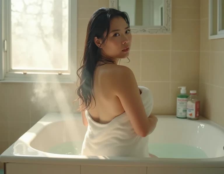 湯気のバスタブから立ち上がる女性のAI画像プロンプト作例