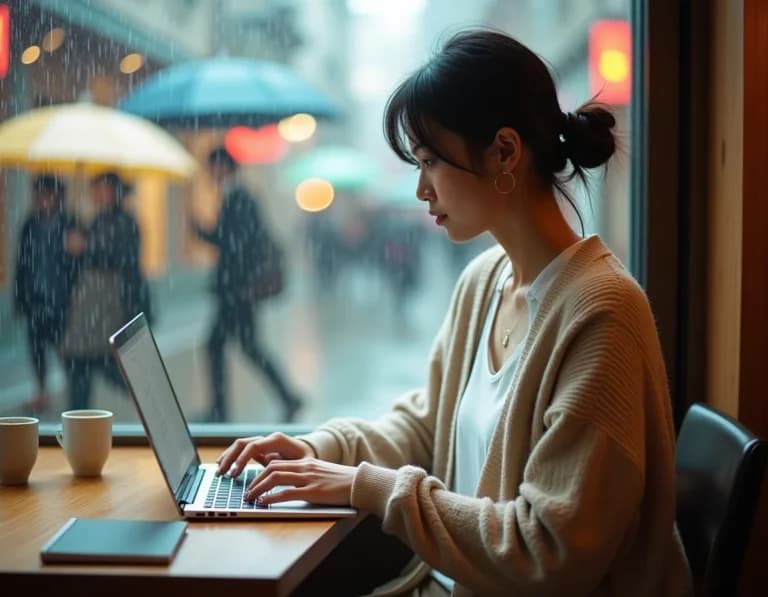 カフェの窓際でノートPCを開くノマドワーカーのAI画像プロンプト作例