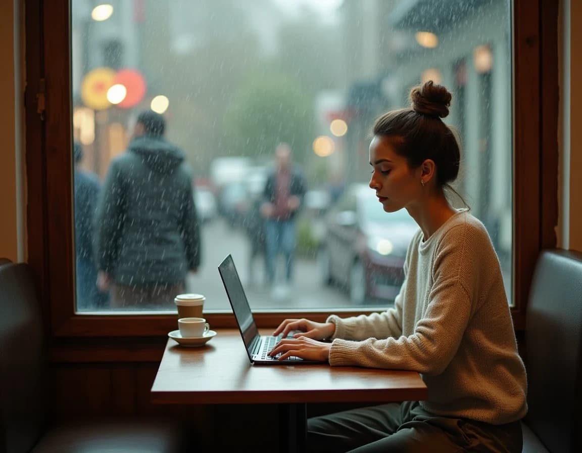 カフェの窓際でノートPCを開くノマドワーカーのAI画像プロンプト作例【雨音】