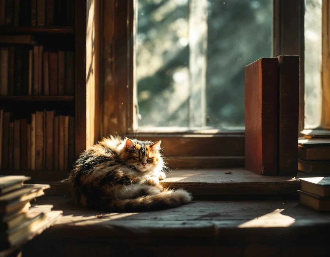 図書館の窓辺で眠る三毛猫のAI画像プロンプト作例