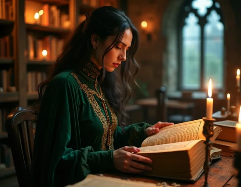 古城の図書室で魔法書を読む魔女のAI画像プロンプト作例