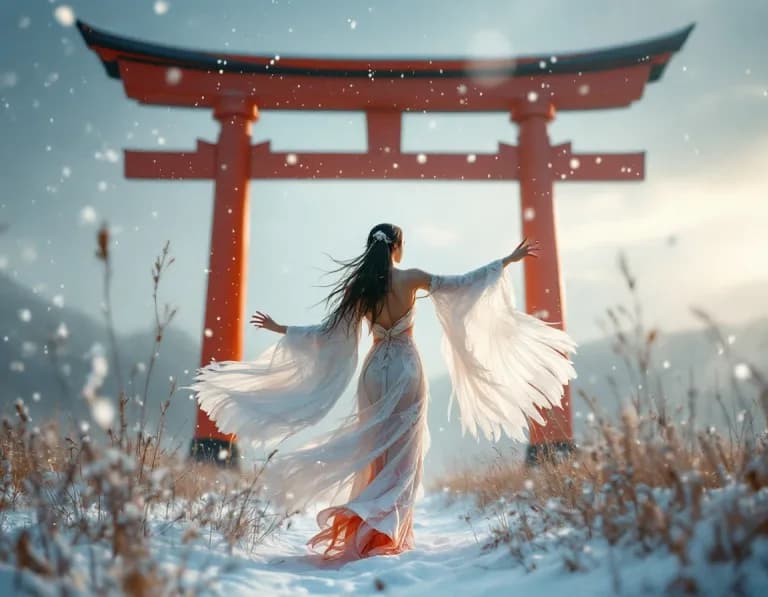雪原に舞う鶴の精霊のAI画像プロンプト作例【朱色の鳥居】