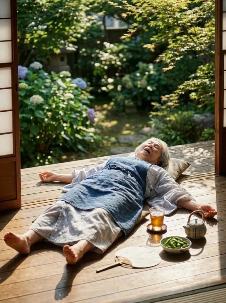 縁側で前掛けのおばあちゃんが眠るAI画像プロンプト作例