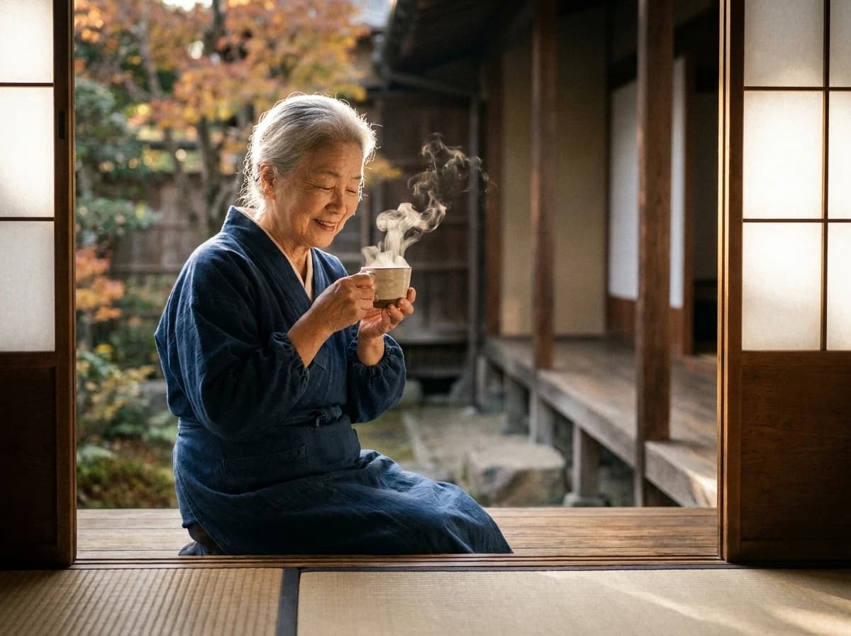 縁側で湯気のコーヒーを飲むおばあちゃんAIプロンプト