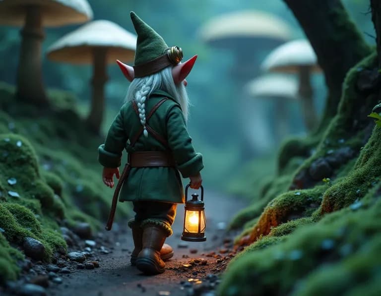 巨大キノコの森を歩むノームのAI画像プロンプト作例【夜光ゴケ】