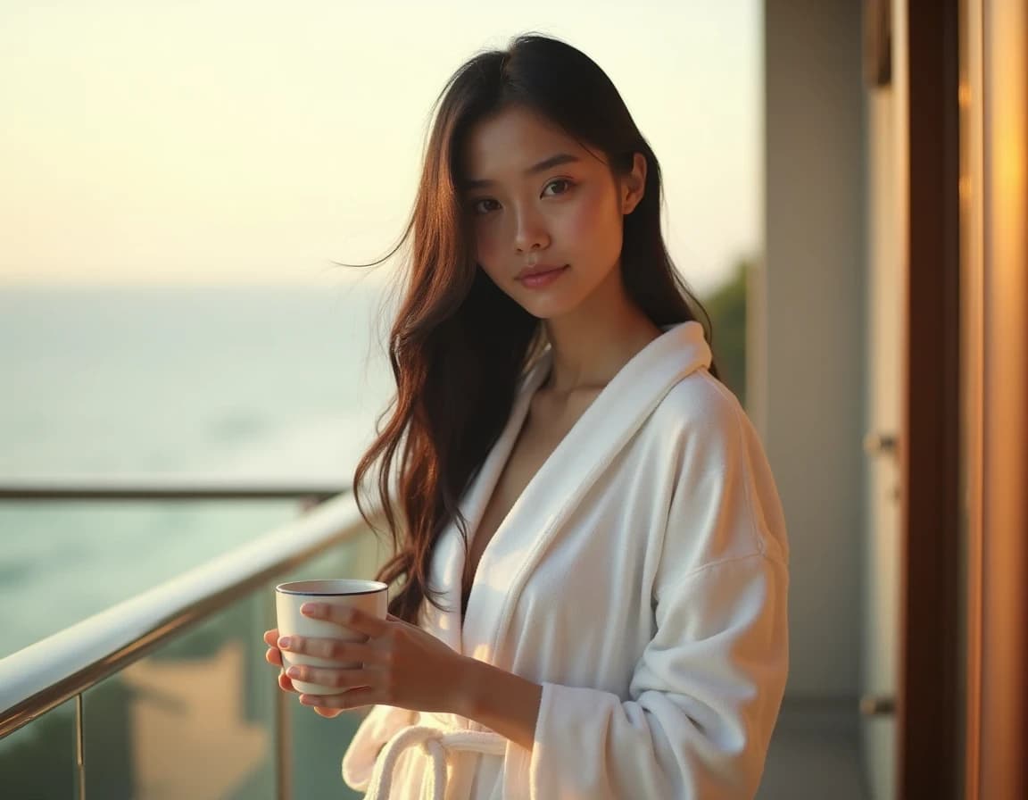 ホテルバルコニーで朝日を浴びるローブ姿の女性AI画像プロンプト作例