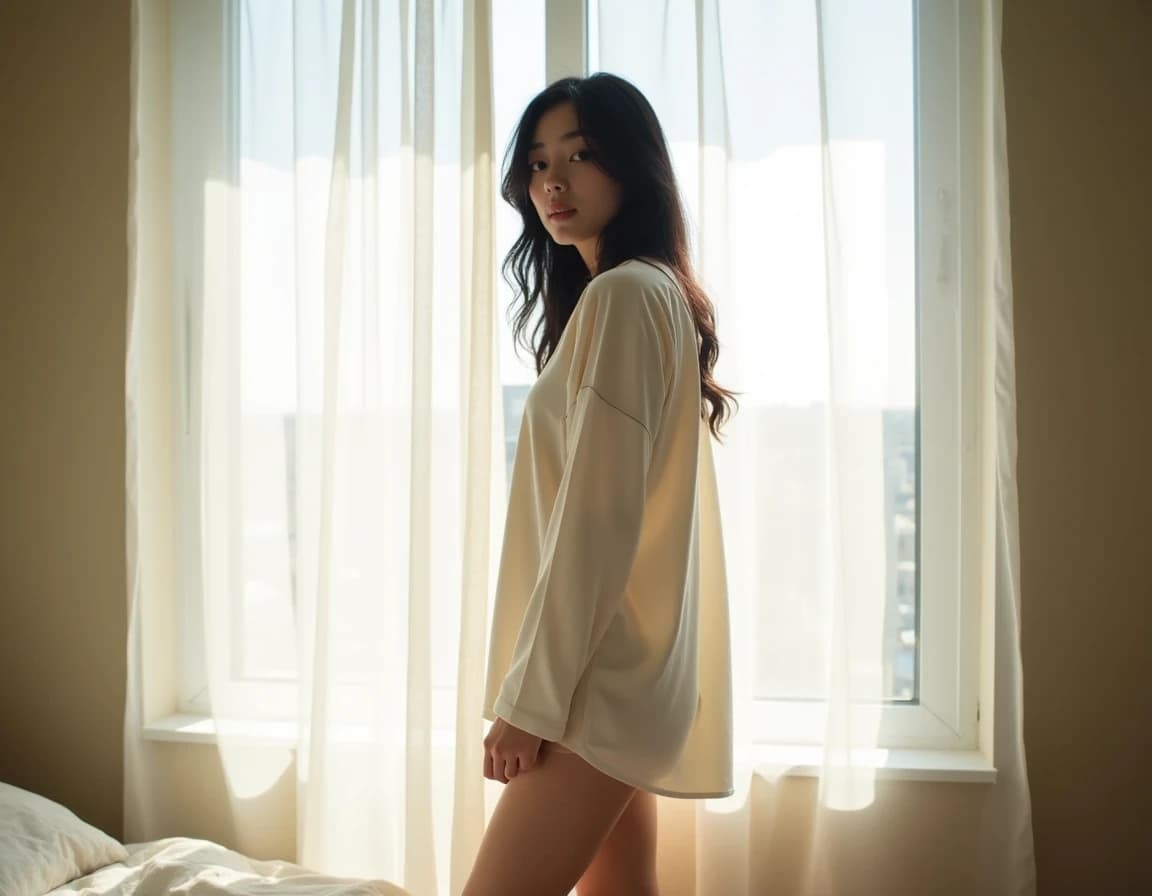 リネンのカーテン越しの女性AI画像プロンプト｜朝の寝起き