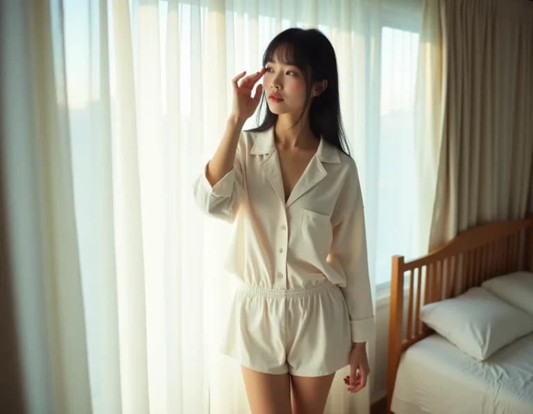 リネンのカーテン越しの女性AI画像プロンプト作例