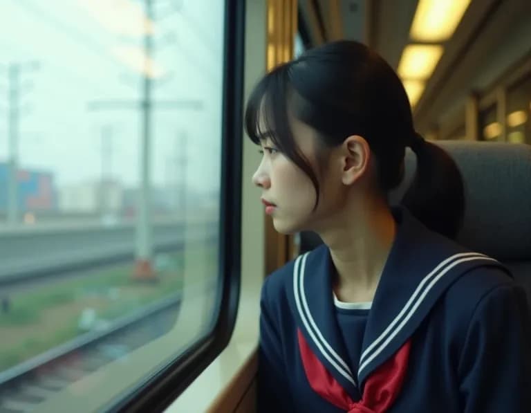 朝の電車の窓辺で通学する高校生のAI画像プロンプト作例
