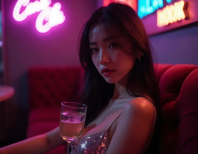 ナイトクラブのソファに座るラメドレス女性のAI画像プロンプト作例
