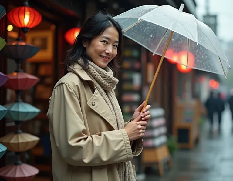 雨の傘屋で傘を選ぶ女性のAI画像プロンプト作例