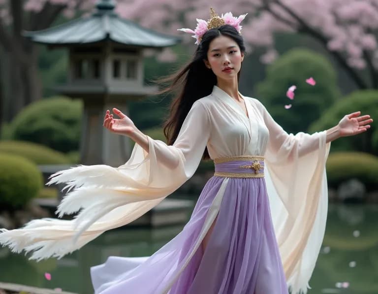 桜舞う日本庭園で舞う天女のAI画像プロンプト作例