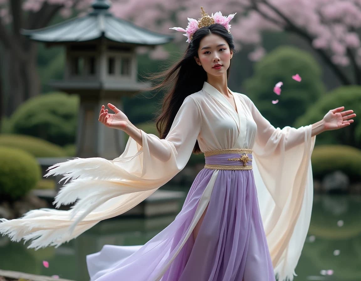 桜舞う日本庭園で舞う天女のAI画像プロンプト作例