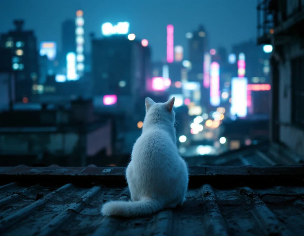 工場屋根に座る白猫のAI画像プロンプト作例【夜景の俯瞰】