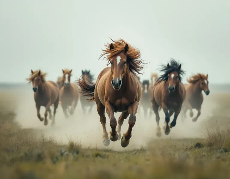 草原を疾走する野生馬の群れAI画像プロンプト作例【砂塵】