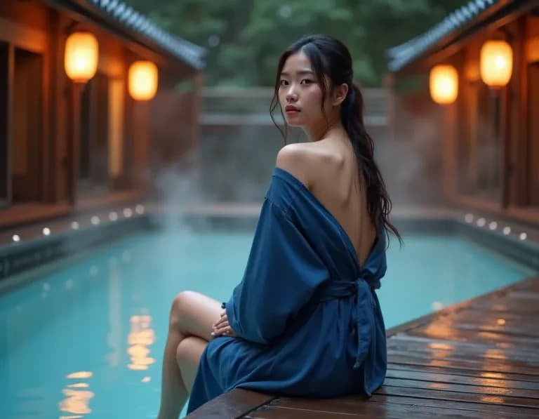 浴衣女性と露天風呂の湯気のAI画像プロンプト作例