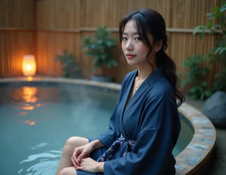 露天風呂の縁に座る浴衣女性のAI画像プロンプト作例
