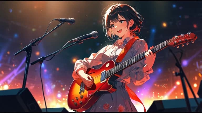 ギターを持って歌う女性