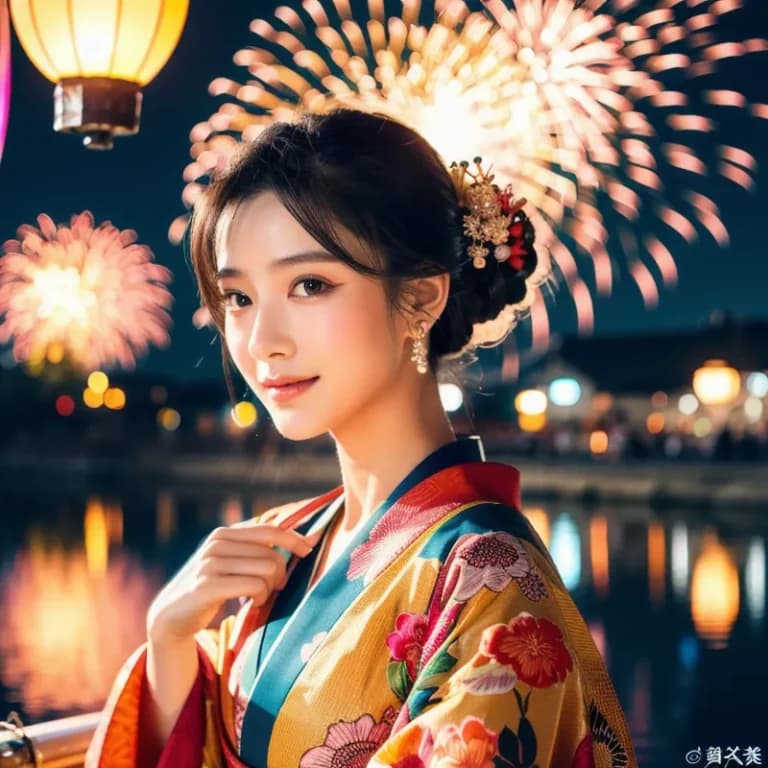 夏、花火を見てる着物の女性