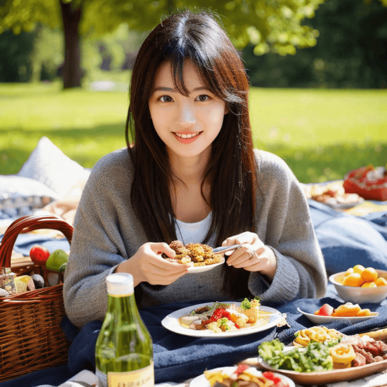 ピクニックしている女性