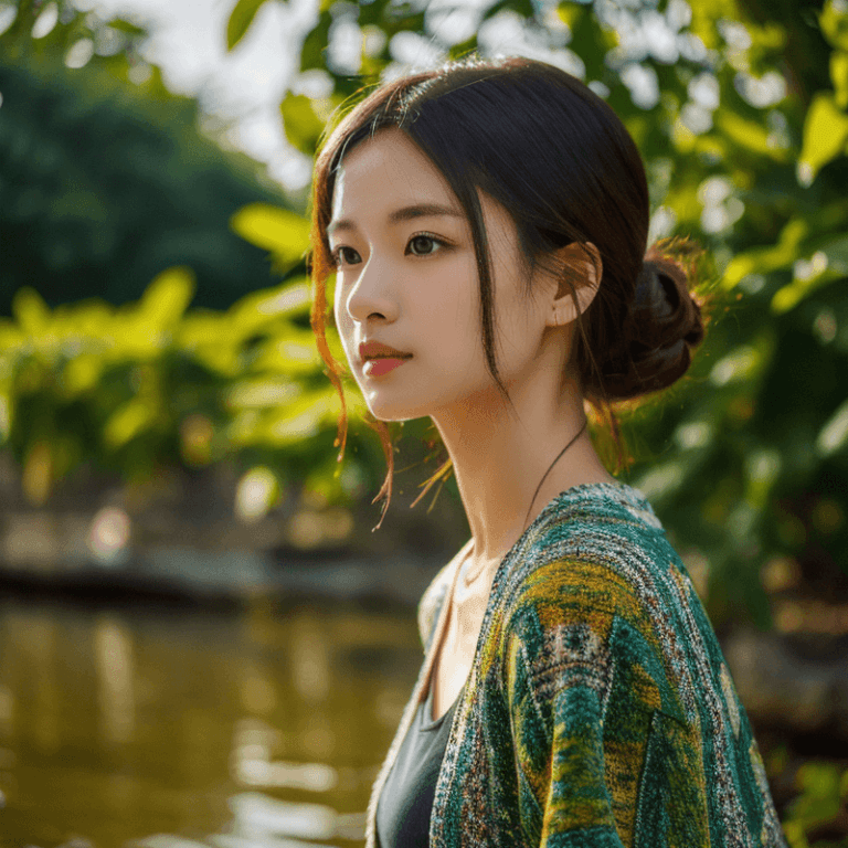 川沿いを歩く女性