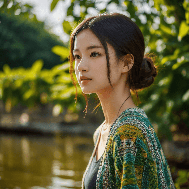 川沿いを歩く女性