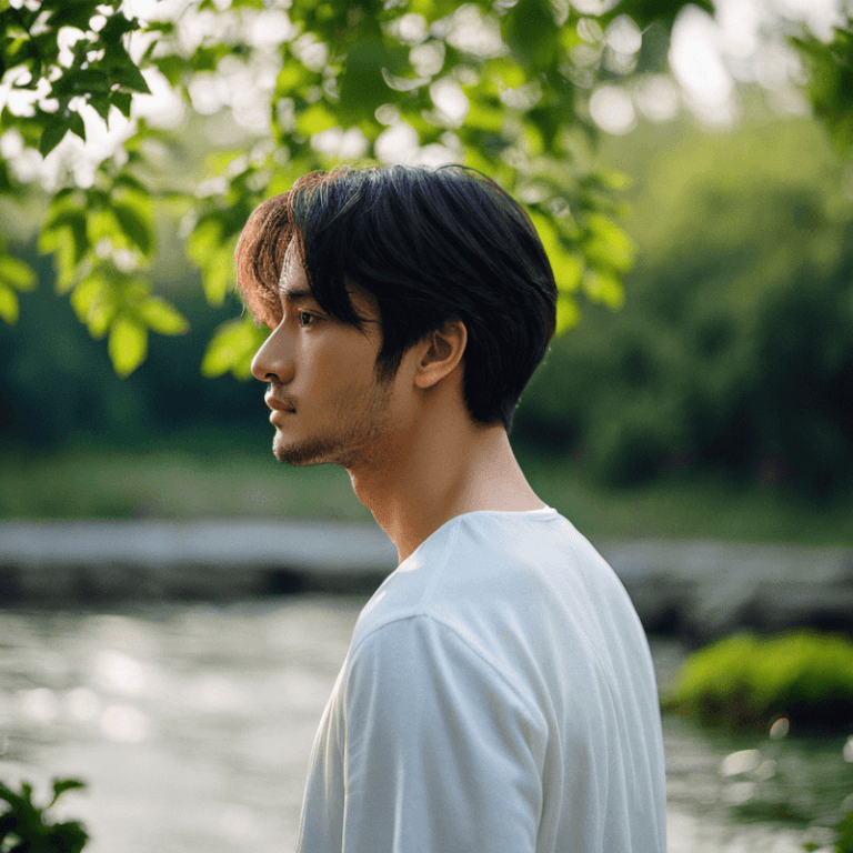 川沿いにいる男性