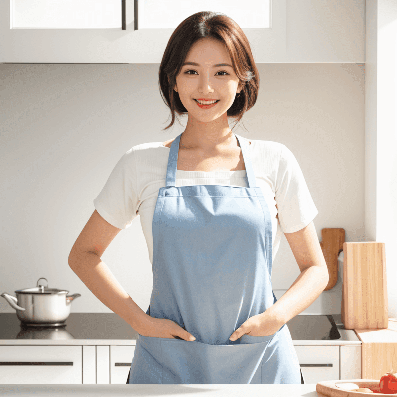 キッチンでエプロンを着た女性