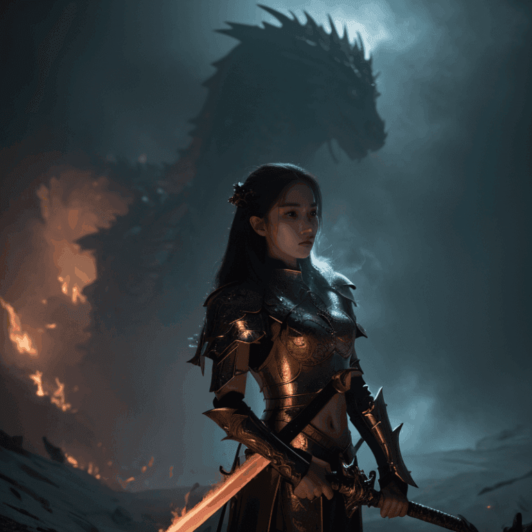 ドラゴンの前で剣をかまえる少女
