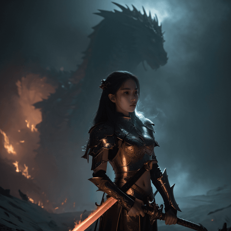 ドラゴンの前で剣をかまえる少女