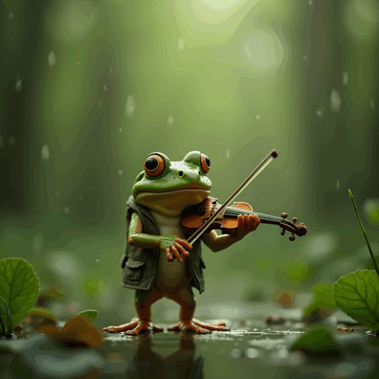 雨の中バイオリンを弾くカエル