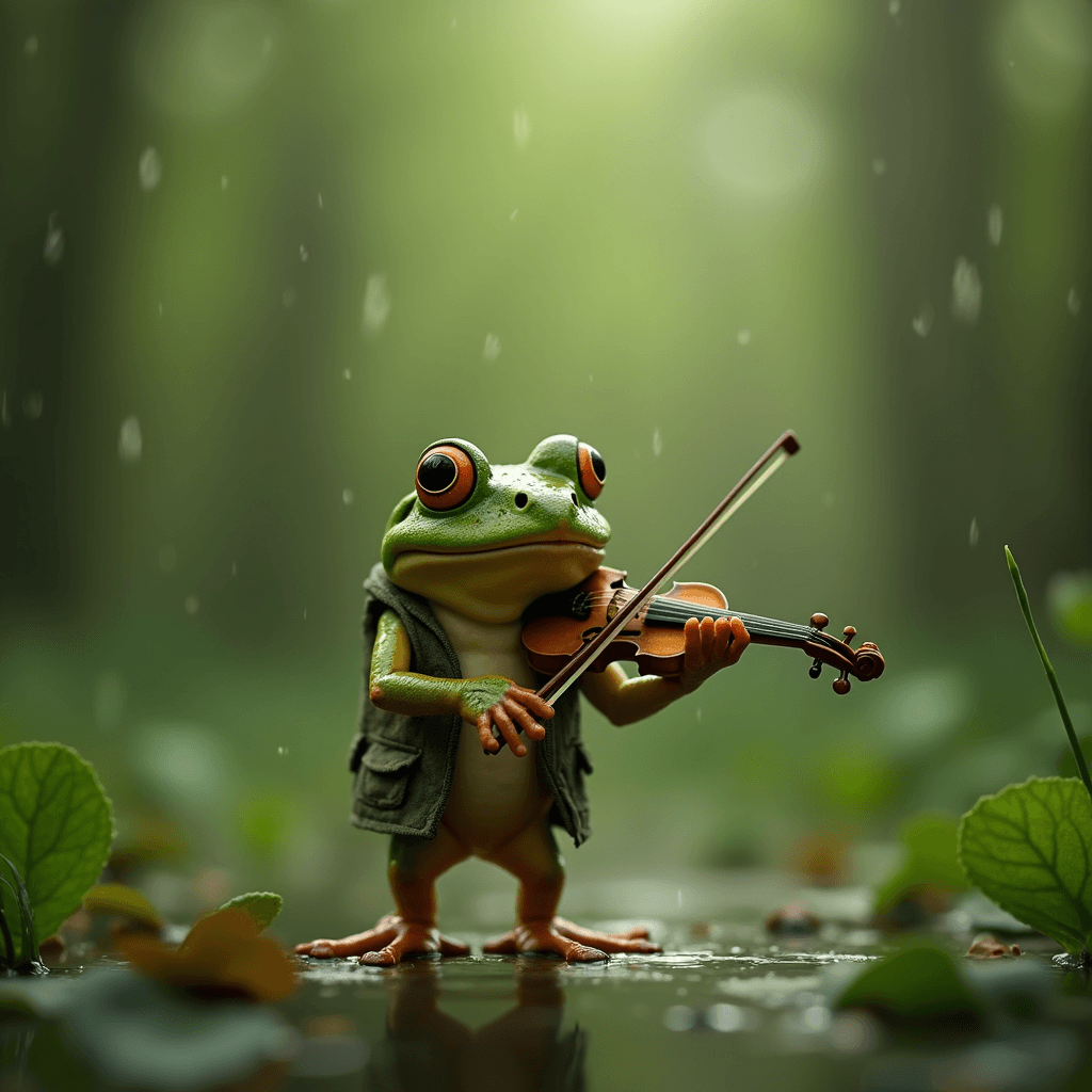 雨の中バイオリンを弾くカエル