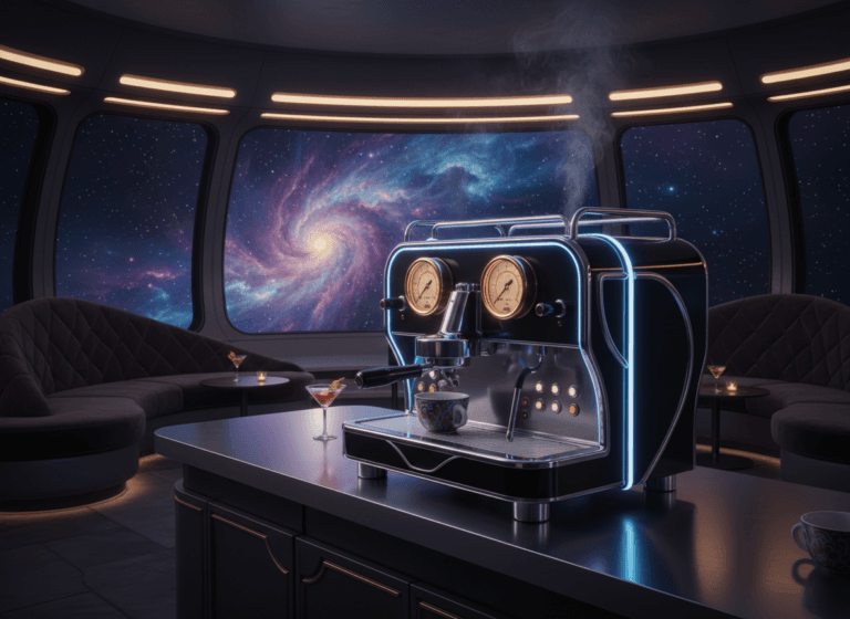 宇宙ステーションのアールデコ調未来型エスプレッソマシン